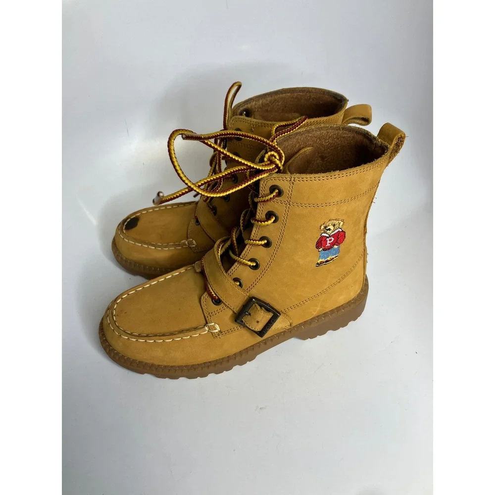 Polo Ralph Lauren ranger lace up boots tan leather bear embroidery kids‎ size 3